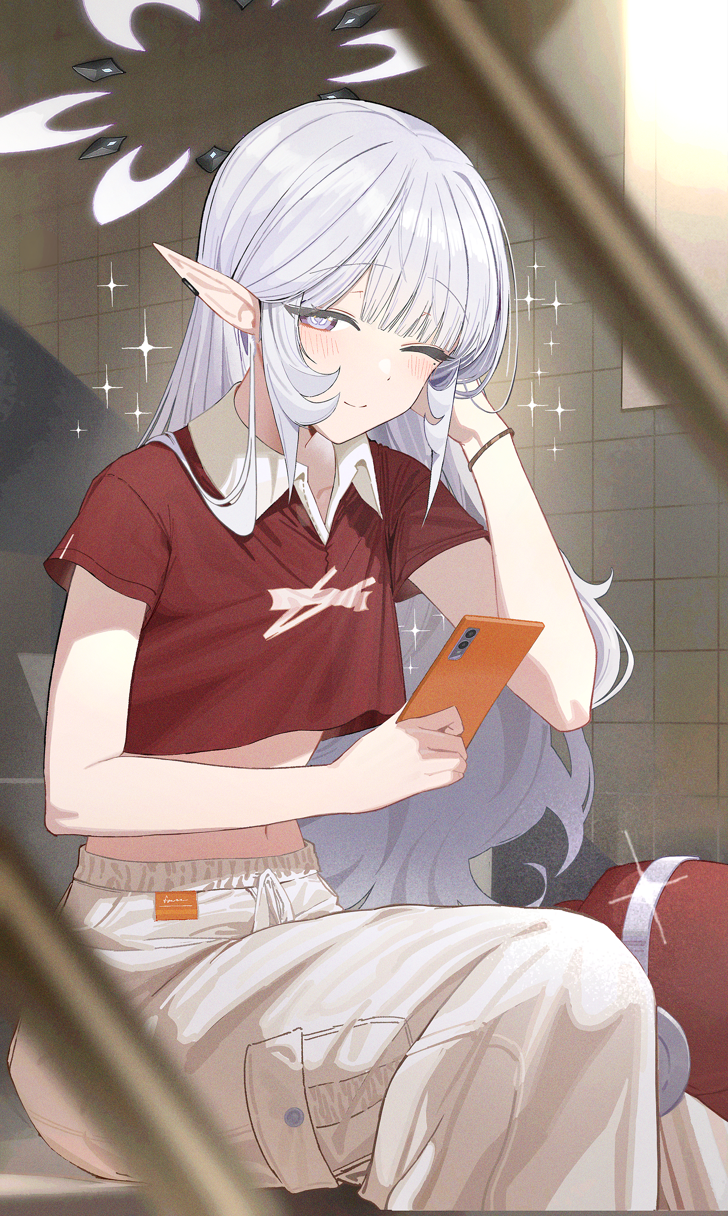 zanya 000, himari (blue archive), blue archive, absurdres, commentary, highres, 1girl, ;), alternate costume, blurry, blurry foreground, blush, casual, cellphone, collar, collarbone, collared shirt, contrast collar, cropped shirt, depth of field, grey eyes, grey hair, halo, hand in own hair, holding, holding phone, indoors, long hair, looking at viewer, midriff, navel, one eye closed, pants, phone, pointy ears, red shirt, shirt, short sleeves, sitting, sitting on stairs, smartphone, smile, solo, stairs, tile wall, tiles, very long hair, white collar, white pants
