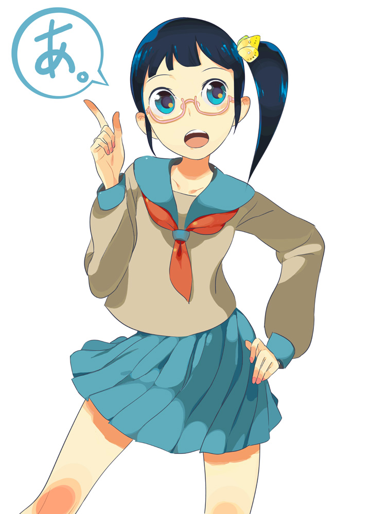 rakuraku, original, 1girl, a (phrase), blue eyes, blue hair, female focus, glasses, hand on own hip, hip focus, matching hair/eyes, nail polish, pink nails, school uniform, serafuku, side ponytail, solo