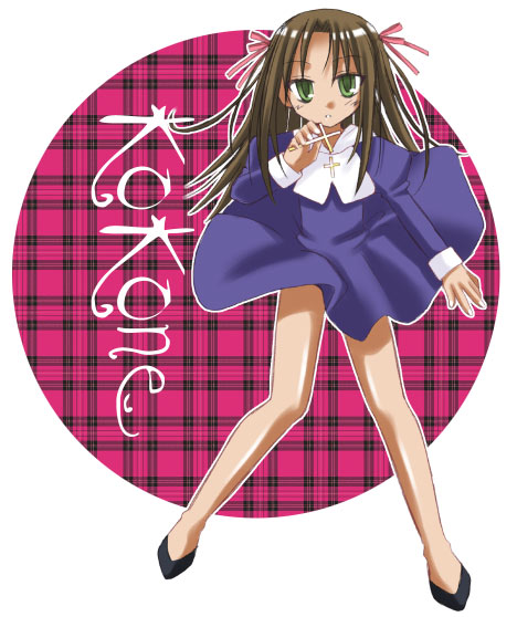 yuuma (omaeno meinichi), cocone fatima rosa, kodansha, mahou sensei negima!, 00s, 1girl, brown hair, character name, clothes lift, cross, dress, dress lift, female focus, green eyes, latin cross, long hair, plaid background, ribbon, solo