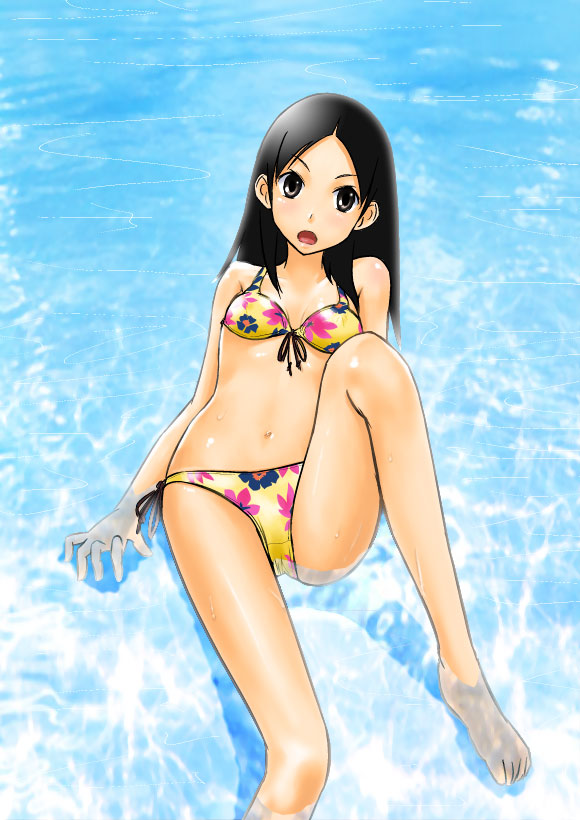 sakebuotoko, kitsu chiri, sayonara zetsubou sensei, bad id, bad pixiv id, 00s, 1girl, barefoot, bikini, black eyes, black hair, female focus, flat chest, legs, long hair, long legs, lying, navel, ocean, on back, open mouth, parted bangs, partially submerged, side-tie bikini bottom, solo, swimsuit, tan, water