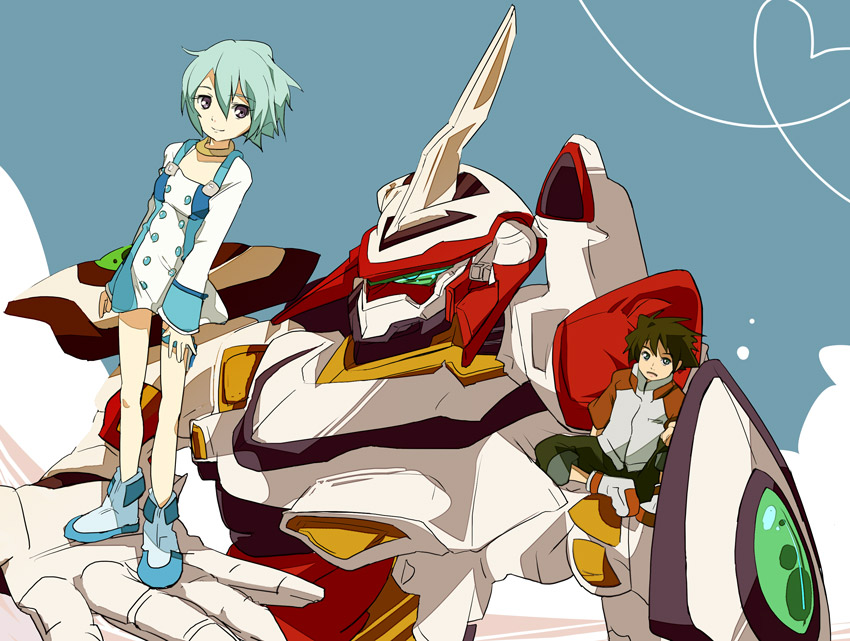 ixy, siten, eureka (eureka seven), nirvash, renton thurston, eureka seven, eureka seven (series), blue footwear, silver hair, 00s, 1boy, 1girl, aqua hair, black hair, blue sky, boots, brown hair, buttons, collar, dress, full body, hair between eyes, heart, jacket, light smile, long sleeves, looking at viewer, mecha, pants, raglan sleeves, robot, shirt, short dress, short hair, sitting, sky, smile, standing, thigh strap, white dress, white shirt
