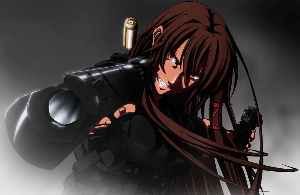 imizu (nitro unknown), revy (black lagoon), tatsumiya mana, black lagoon, mahou sensei negima!, 1girl, aiming, aiming at viewer, brown hair, bullet, casing ejection, crazy eyes, dark-skinned female, dark skin, desert eagle, dual wielding, female focus, grin, gun, hair ribbon, handgun, holding, long hair, parody, pistol, red eyes, ribbon, shell casing, smile, solo, weapon