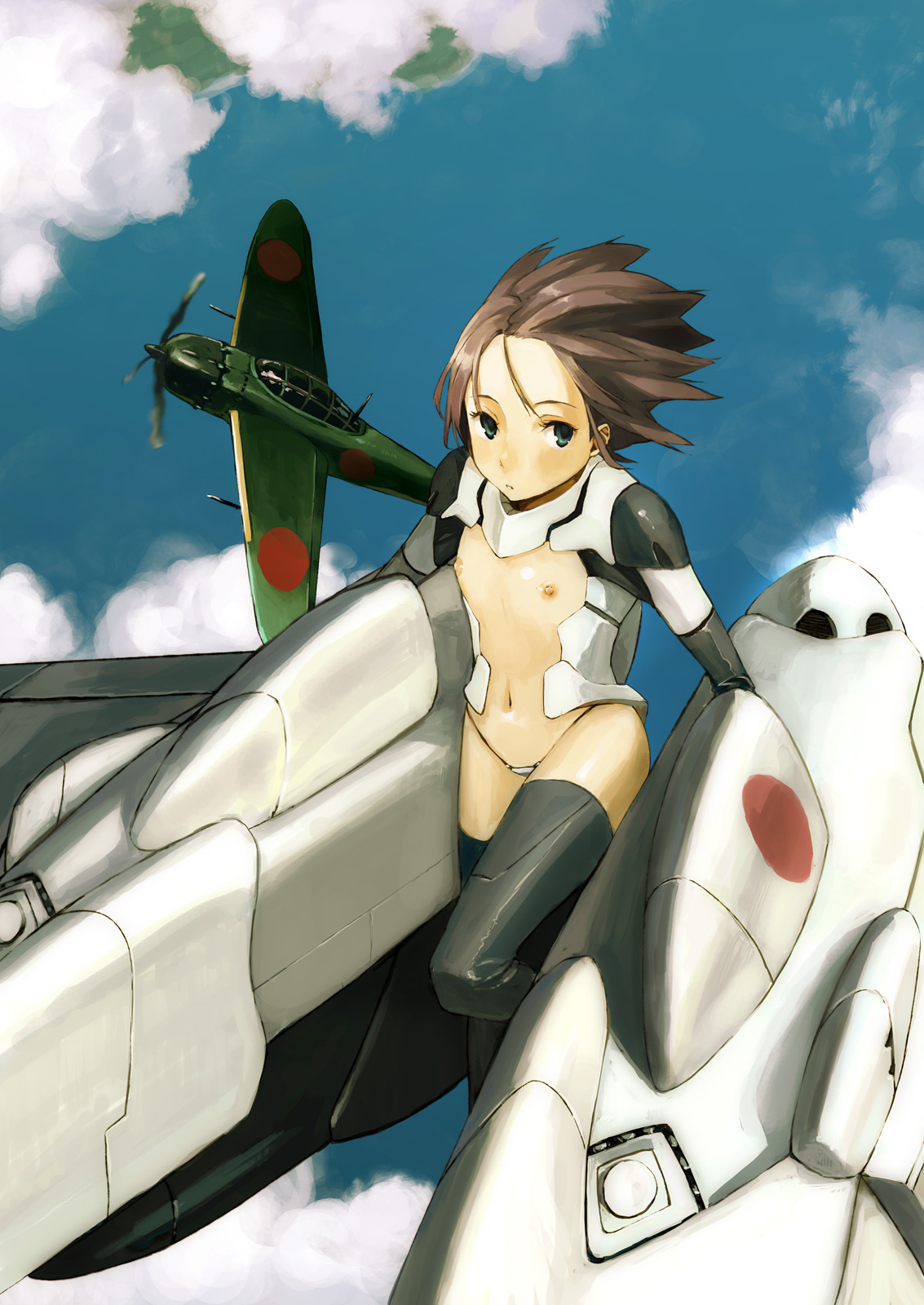 houru, original, highres, 1girl, aircraft, airplane, brown hair, cloud, day, female focus, flat chest, green eyes, mecha musume, nipples, short hair, sky, solo, thighhighs, wind