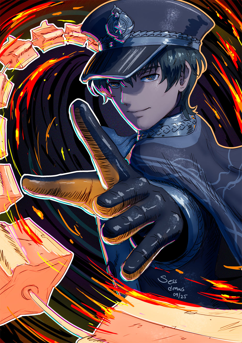 sessdraws, male byleth (anchor of hope) (fire emblem), male byleth (fire emblem), fire emblem, fire emblem: three houses, fire emblem heroes, nintendo, highres, 1boy, black cape, black gloves, blue eyes, blue hair, cape, closed mouth, fire, flaming sword, flaming weapon, garreg mach monastery uniform, gloves, hat, holding, holding sword, holding weapon, long sleeves, looking at viewer, male focus, official alternate costume, peaked cap, short hair, smile, solo, sword, sword of the creator, upper body, weapon