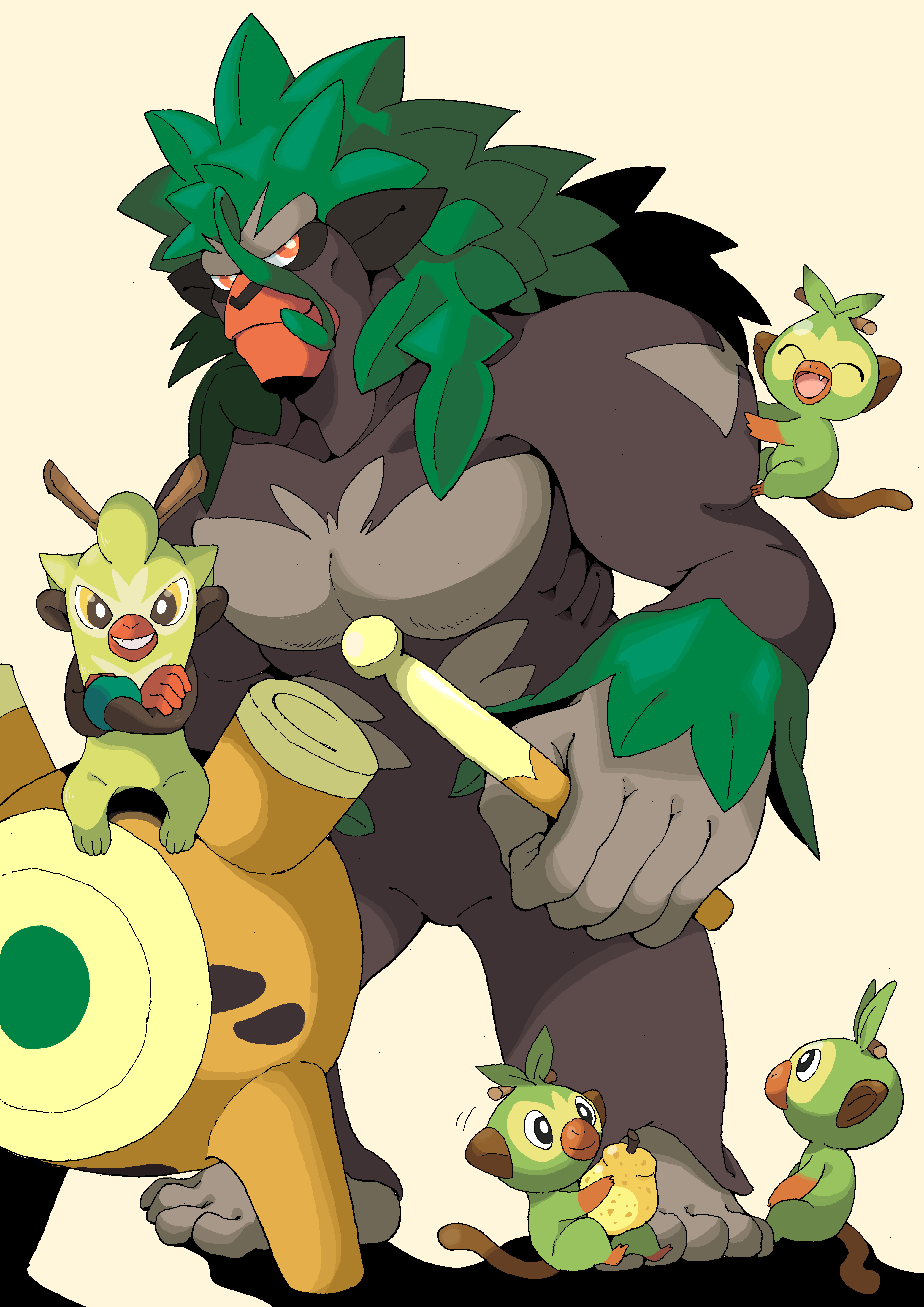 butsuzou (snur2022), grookey, rillaboom, thwackey, nintendo, pokemon, absurdres, highres, berry (pokemon), brown fur, closed eyes, crossed arms, dark skin, evolutionary line, food, fruit, gen 8 pokemon, green fur, green hair, holding, holding food, holding fruit, long hair, looking at viewer, open mouth, orange eyes, pokemon (creature), simple background, sitrus berry, white background
