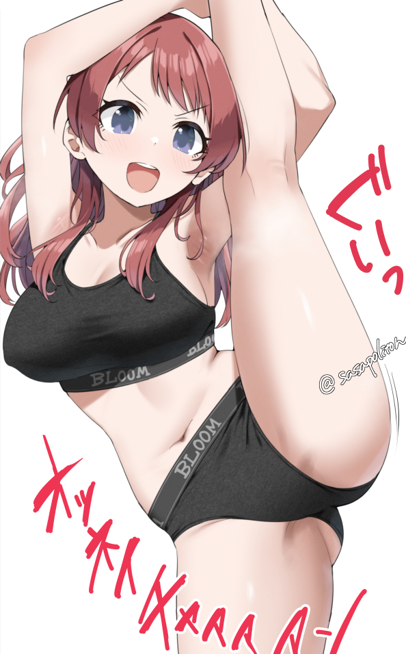 sasanon (sasapoliton), hanami saki, hanami ume, gakuen idolmaster, idolmaster, commentary request, translation request, 1girl, black sports bra, blue eyes, breasts, kneepits, large breasts, medium hair, navel, red hair, siblings, simple background, sisters, solo, speech bubble, split, sports bra, standing, standing on one leg, standing split, stomach, thighs, white background