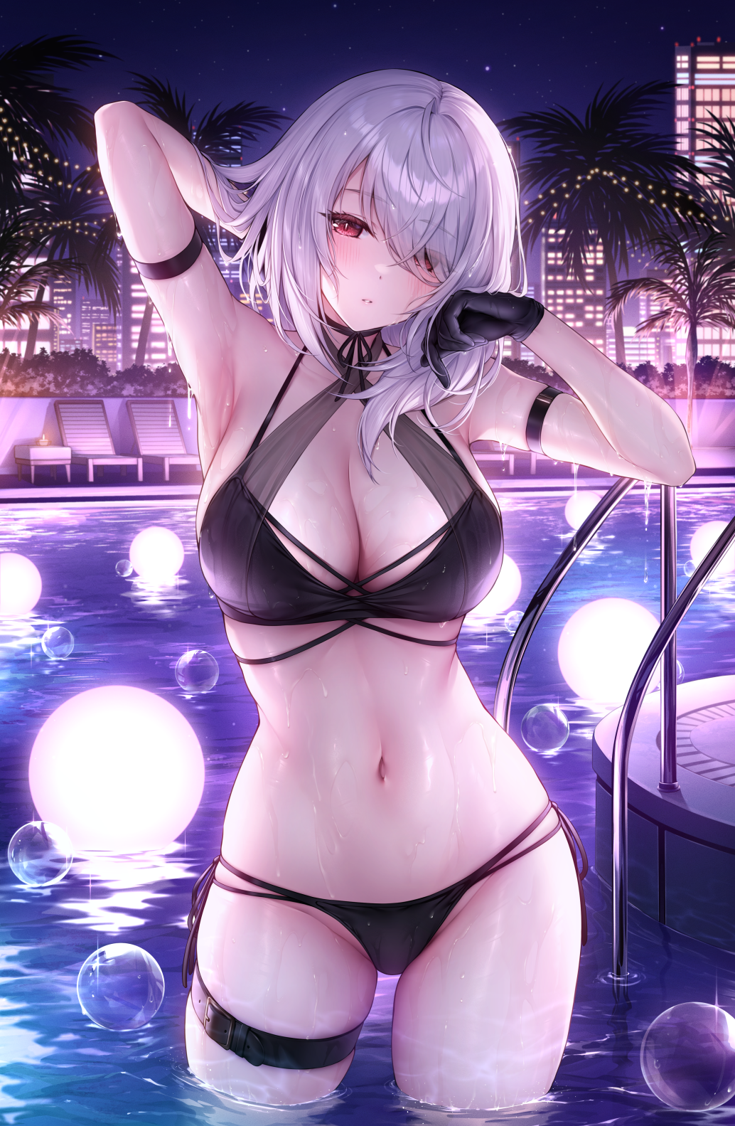 oyuwari, lenne (oyuwari), original, highres, 1girl, air bubble, arm behind head, arm strap, armpits, belt, bikini, black bikini, black gloves, blush, breasts, bubble, cleavage, eyes visible through hair, gloves, grey hair, hair over one eye, large breasts, long hair, looking at viewer, navel, night, night sky, outdoors, parted lips, red eyes, sky, solo, standing, stomach, swimsuit, thigh belt, thigh strap, water, wet