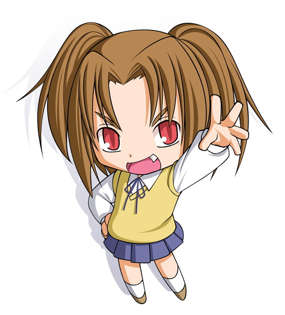 kasuga yukihito, yumizuka satsuki, tsukihime, 00s, 1girl, blue skirt, chibi, fang, female focus, skirt, solo