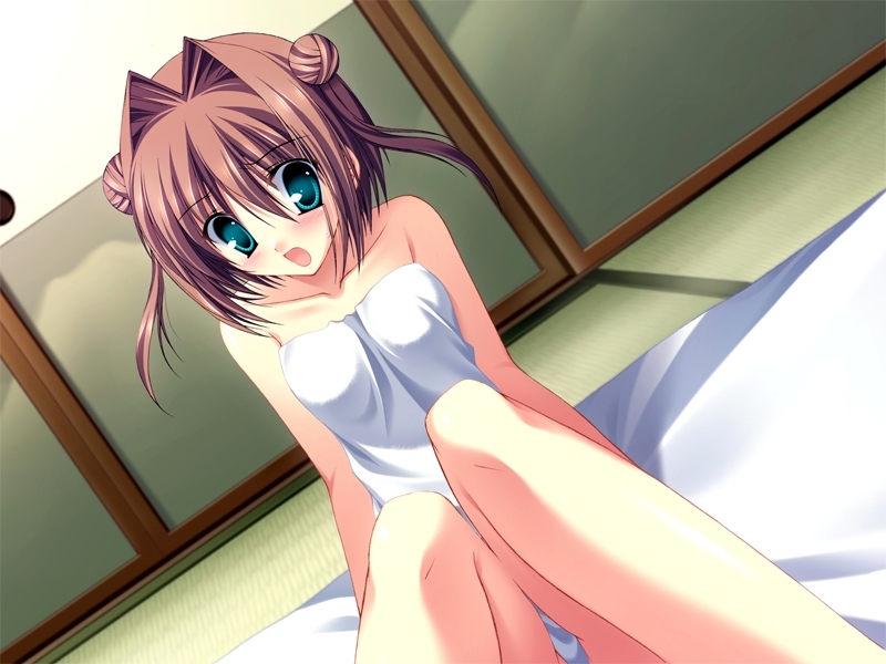 tanihara natsuki, asakura yume, da capo, da capo ii, 00s, 1girl, arm support, brown hair, female focus, green eyes, naked towel, solo, towel