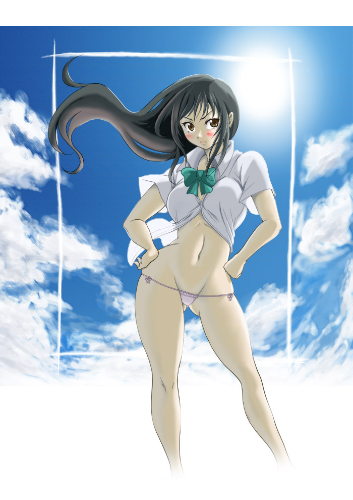 tsunken, kotegawa yui, to love-ru, 00s, 1girl, black hair, blush, bottomless, brown eyes, cloud, contrapposto, day, female focus, groin, long hair, lowleg, lowleg panties, navel, no pants, panties, side-tie panties, sky, solo, standing, thighs, underwear
