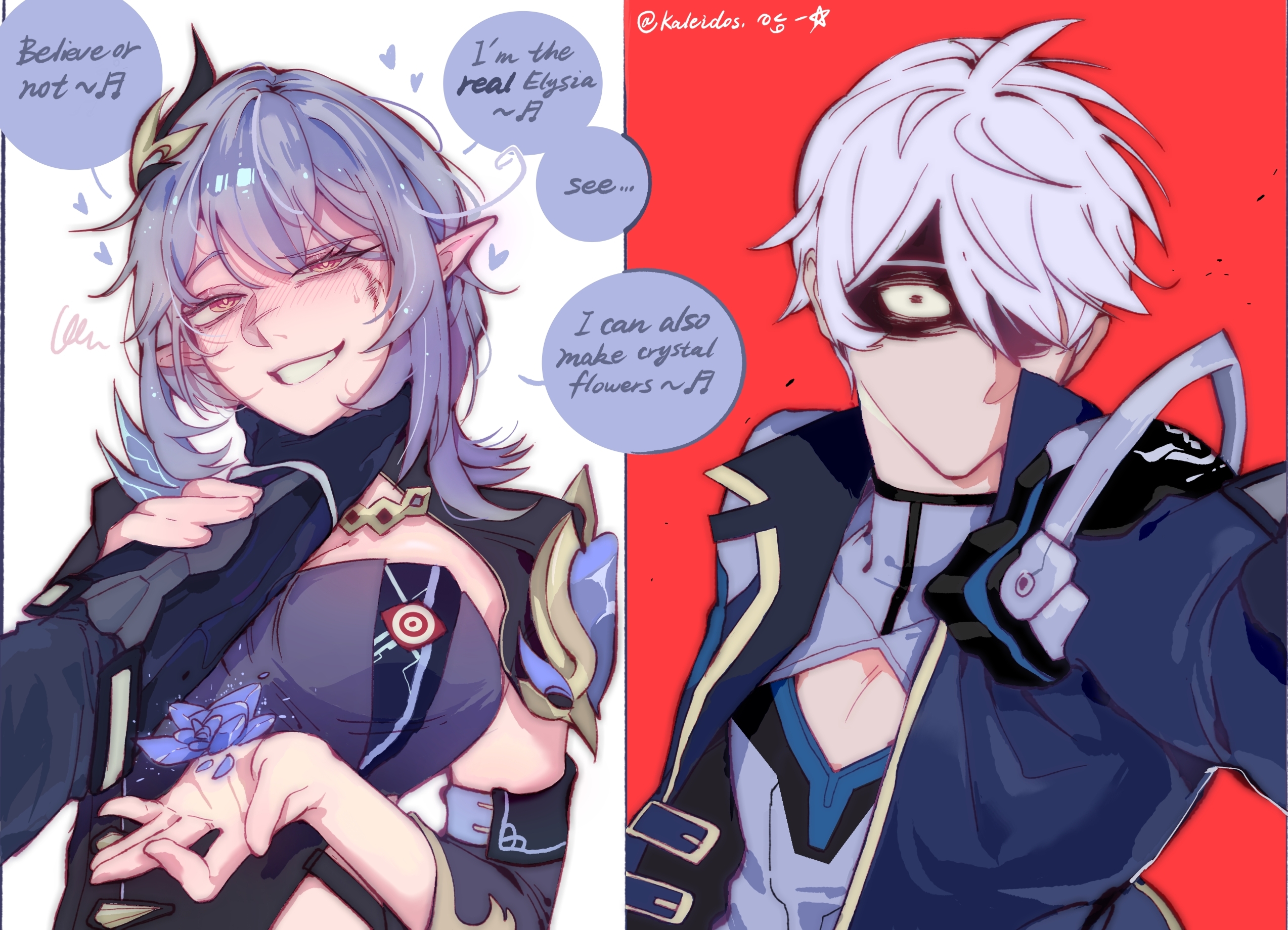 elysia (honkai impact), elysia (miss pink elf) (honkai impact), herrscher of corruption, kevin kaslana, honkai (series), honkai impact 3rd, chinese commentary, commentary request, highres, 1boy, 1girl, ahoge, black coat, blue corset, blue hair, breasts, cleavage, coat, corset, crystal flower, detached sleeves, elf, english text, hair ornament, kaleidos, large breasts, long hair, orange eyes, partially shaded face, pectoral cleavage, pectorals, pointy ears, red background, shirt, short hair, shrug (clothing), speech bubble, strangling, two-tone background, white background, white hair, white shirt
