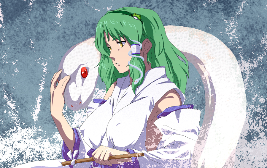 tenpura (tenpura621), kochiya sanae, touhou, bad id, bad pixiv id, 1girl, covered erect nipples, female focus, green hair, japanese clothes, long hair, miko, snake, solo