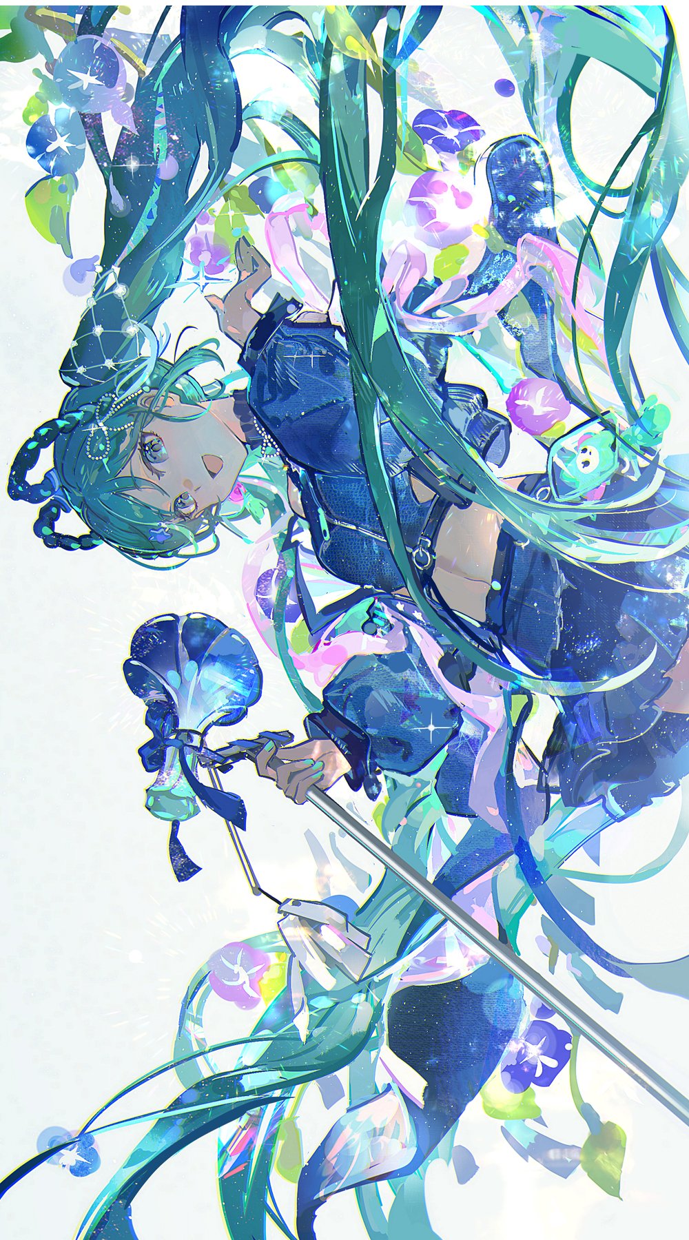 mento, hatsune miku, magical mirai miku, magical mirai miku (2025), magical mirai (vocaloid), vocaloid, highres, 1girl, :d, aqua eyes, aqua hair, aqua nails, blue eyes, blue skirt, blue theme, braid, braided hair rings, crop top, flower, hair ornament, hair rings, holding, holding microphone stand, jacket, long hair, long sleeves, looking at viewer, microphone stand, midriff, navel, open mouth, simple background, skirt, smile, solo, twintails, very long hair, white background