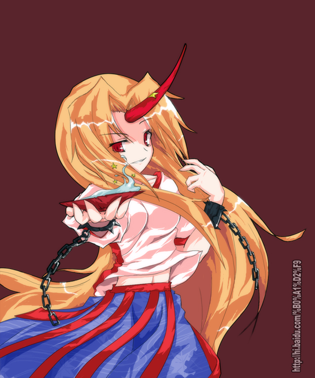 auer, hoshiguma yuugi, touhou, bad id, bad pixiv id, 1girl, alphes (style), chain, cup, female focus, horns, long hair, parody, sakazuki, single horn, solo, style parody, very long hair
