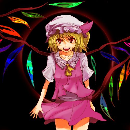 akishuon, inugami akito, flandre scarlet, touhou, bad id, bad pixiv id, lowres, 1girl, blonde hair, female focus, hat, mob cap, ponytail, ribbon, short hair, solo, wings