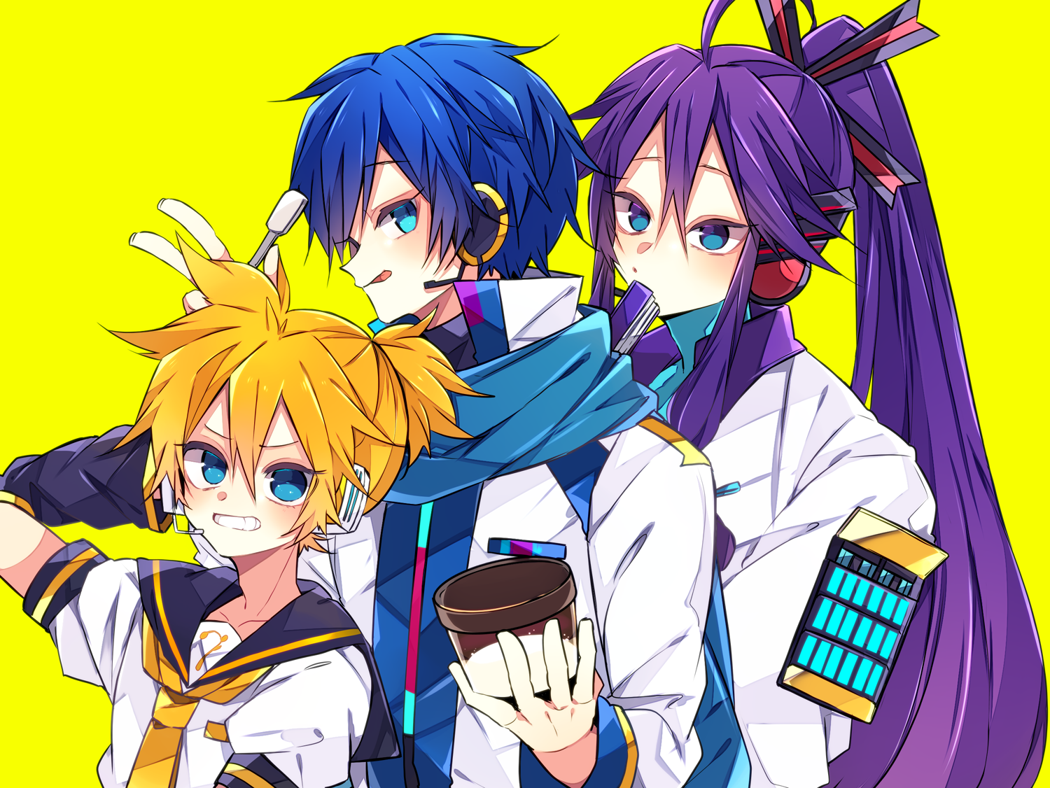 kaho 0102, kagamine len, kaito (vocaloid), kaito (vocaloid3), kamui gakupo, vocaloid, commentary request, 3boys, :p, arm warmers, armor, bass clef, black sailor collar, black sleeves, blue eyes, blue hair, blue scarf, coat, collared shirt, cup, grin, hair ornament, hair stick, hand in own hair, hand up, headphones, headset, holding, holding cup, holding spoon, ice cream cup, japanese clothes, long hair, looking at viewer, male focus, multiple boys, ponytail, purple hair, robe, sailor collar, scarf, school uniform, shirt, short ponytail, short sleeves, shoulder armor, sideways glance, smile, spiked hair, spoon, tongue, tongue out, v-shaped eyebrows, very long hair, w, white coat, white robe, white shirt, yellow background