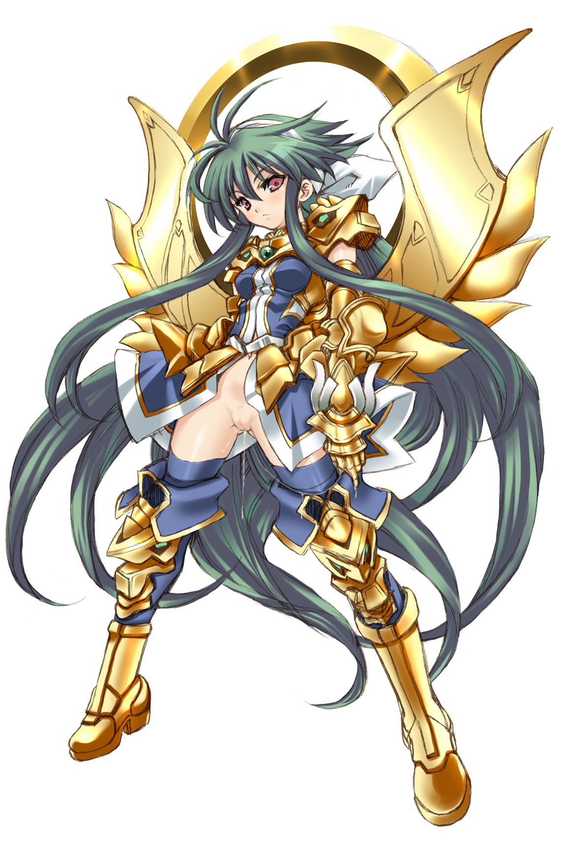 sabadri, uguisu kagura, polaris (shinrabanshou), shinrabanshou, highres, 1girl, armor, blue hair, boots, bottomless, breasts, cleft of venus, dress, elbow gloves, female focus, female pubic hair, full body, gloves, hairband, long hair, navel, no panties, pink eyes, pubic hair, pussy, pussy juice, simple background, solo, thigh boots, thighhighs, white background