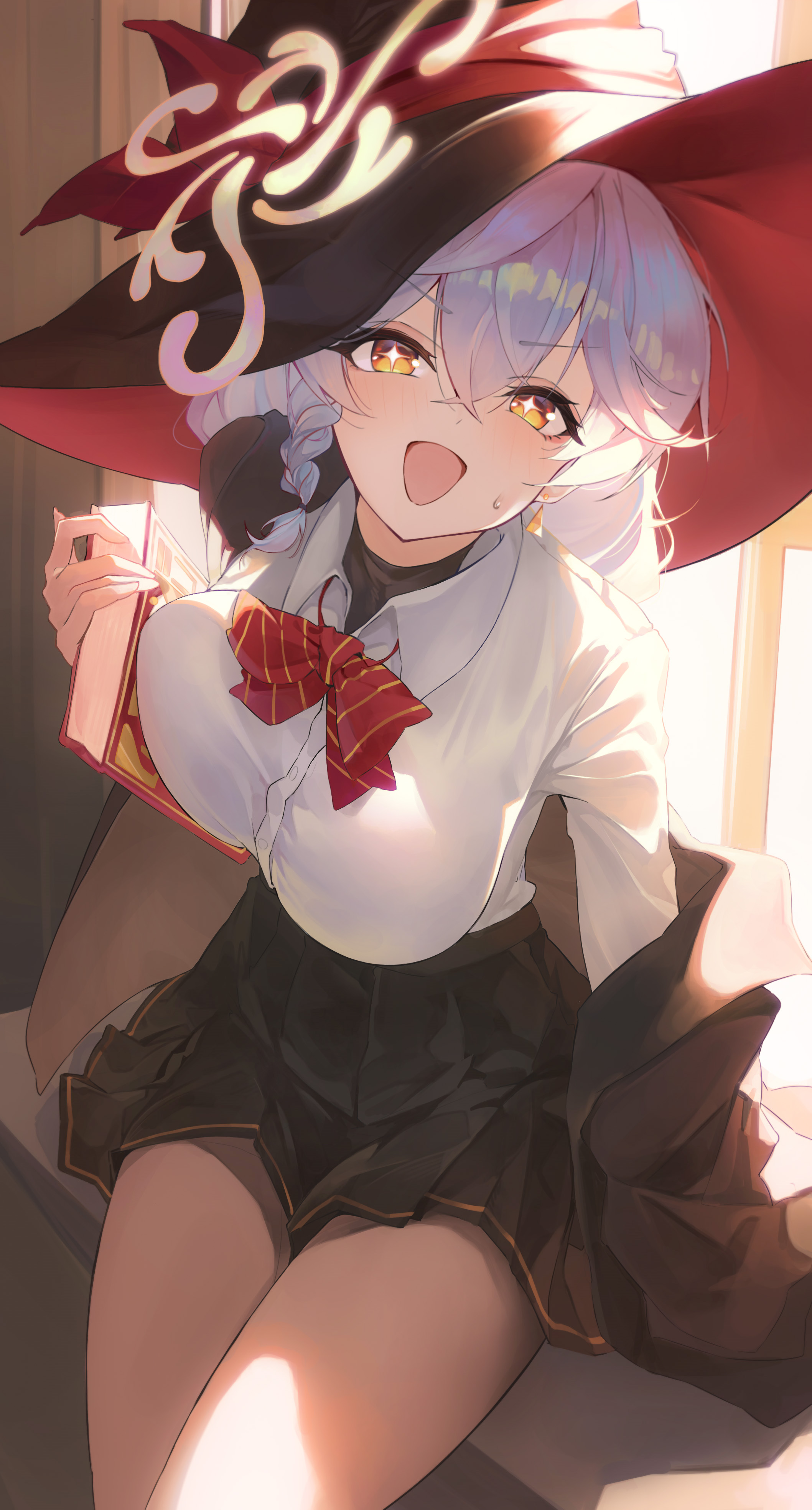 smile12190, eri (blue archive), blue archive, absurdres, commentary, hashtag-only commentary, highres, 1girl, backlighting, black hat, black jacket, black skirt, book, bow, bowtie, braid, breasts, collared shirt, crossed bangs, day, diagonal-striped bow, diagonal-striped bowtie, diagonal-striped clothes, earrings, gold trim, hair between eyes, halo, hand up, hat, hat ribbon, head tilt, holding, holding book, jacket, jewelry, large breasts, light blush, long hair, long sleeves, looking at viewer, multicolored hair, off shoulder, open clothes, open jacket, open mouth, pleated skirt, red bow, red bowtie, red ribbon, red streaks, ribbon, shirt, shirt tucked in, side halo, single braid, single earring, sitting, skirt, smile, solo, sparkling eyes, streaked hair, striped bow, striped bowtie, striped clothes, sweatdrop, thighs, triangle earrings, white hair, white shirt, window, witch hat, yellow eyes, yellow halo