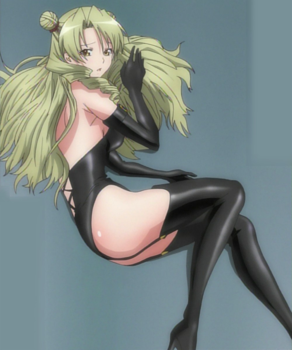 tenjouin saki, to love-ru, anime screenshot, highres, stitched, third-party edit, 00s, 1girl, ass, boots, double bun, female focus, gloves, hair bun, leotard, looking at viewer, lying, solo, thigh boots, thighhighs