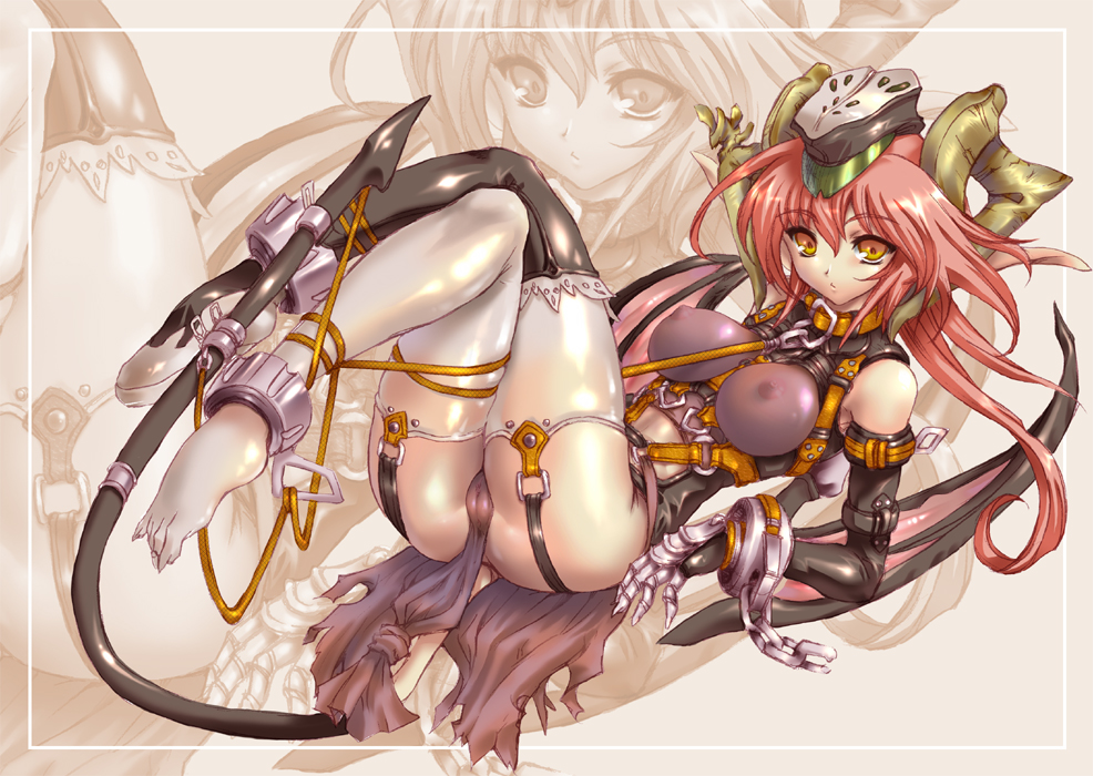 sabadri, uguisu kagura, 1girl, ass, bdsm, bondage, boots, bound, breasts, cameltoe, choker, cleft of venus, collar, covered erect nipples, crossed legs, demon girl, demon tail, demon wings, elbow gloves, female focus, garter belt, garter straps, gloves, hat, horns, large breasts, legs, legs up, loincloth, long hair, lying, nipples, on back, pink hair, pussy, red hair, see-through clothes, shoes, single shoe, solo, tail, thigh boots, thighhighs, thighs, uncensored, wings, yellow eyes, zoom layer