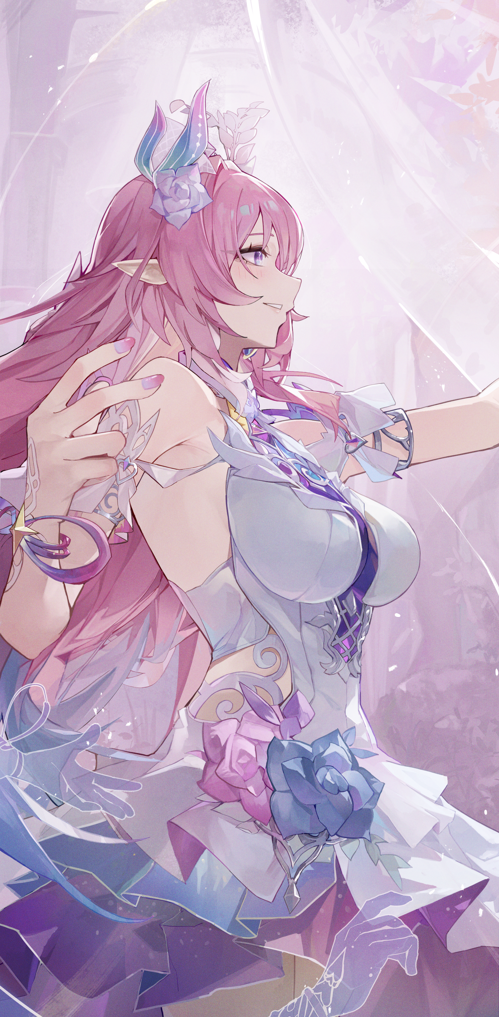 megu (jim48834420), cyrene (honkai: star rail), cyrene (ripples of past reverie) (honkai: star rail), honkai: star rail, honkai (series), absurdres, commentary, highres, 1girl, bare shoulders, breasts, cowboy shot, dress, fingernails, flower, from side, hair flower, hair ornament, hand up, large breasts, long hair, looking ahead, nail polish, parted lips, pink nails, pointy ears, purple eyes, sidelocks, sideways mouth, smile, solo, very long hair, white dress
