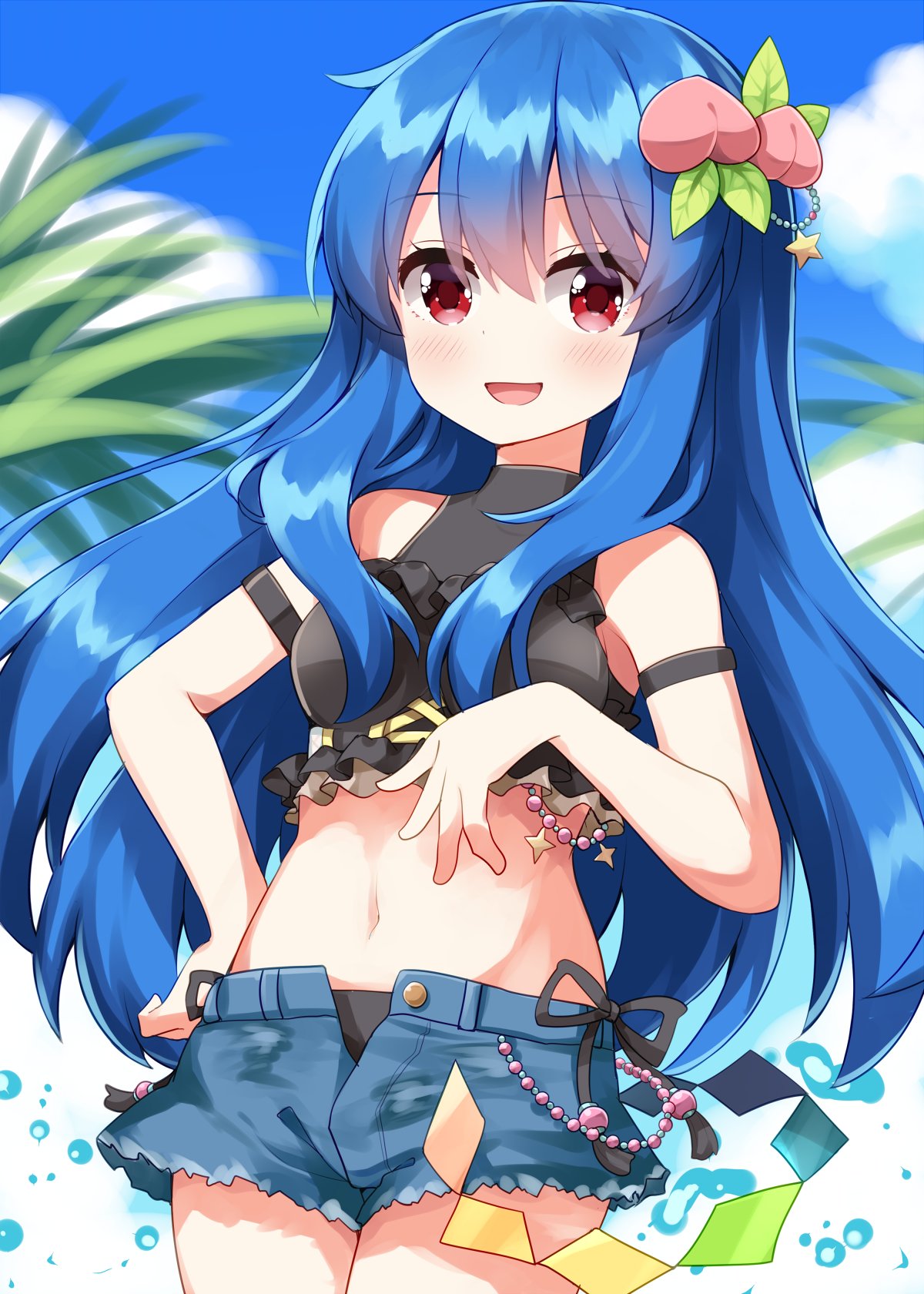 ruu (tksymkw), hinanawi tenshi, touhou, touhou danmaku kagura, commentary request, highres, 1girl, :d, bikini, black bikini, blue hair, blue shorts, blue sky, blush, cloud, cowboy shot, day, food-themed hair ornament, hair between eyes, hair ornament, long hair, looking at viewer, navel, open mouth, outdoors, peach hair ornament, red eyes, shorts, sky, smile, solo, swimsuit