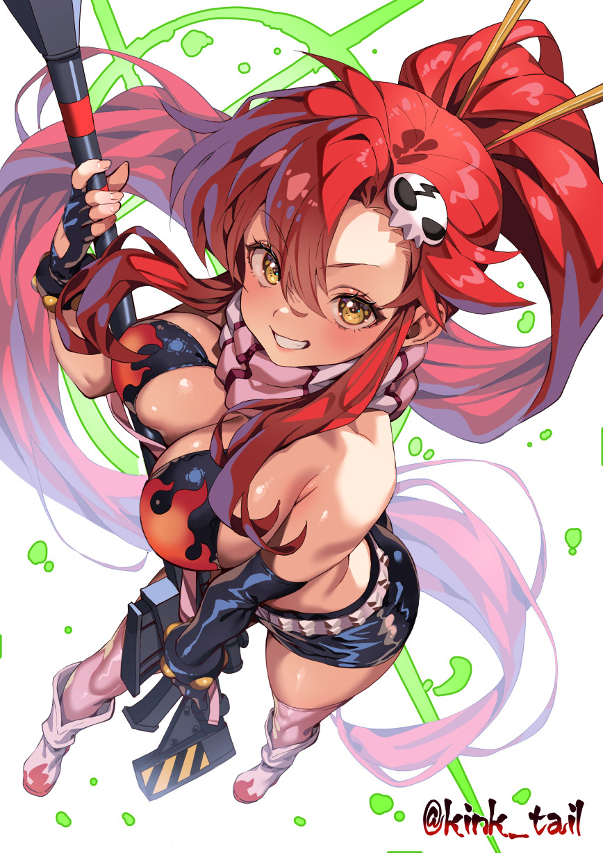 kink (tortoiseshell), yoko littner, tengen toppa gurren lagann, commentary request, highres, 1girl, anti-materiel rifle, belt, bikini, bikini top only, black bikini, black gloves, black shorts, blush, boots, breasts, fingerless gloves, fingernails, flame print, floating hair, from above, gloves, grin, gun, hair between eyes, hair ornament, hair stick, large breasts, long hair, looking at viewer, looking up, perspective, pink scarf, pink thighhighs, ponytail, red hair, rifle, scarf, short shorts, shorts, skull hair ornament, smile, sniper rifle, solo, standing, striped clothes, striped scarf, studded belt, swimsuit, thighhighs, twitter username, very long hair, weapon, white boots, yellow eyes