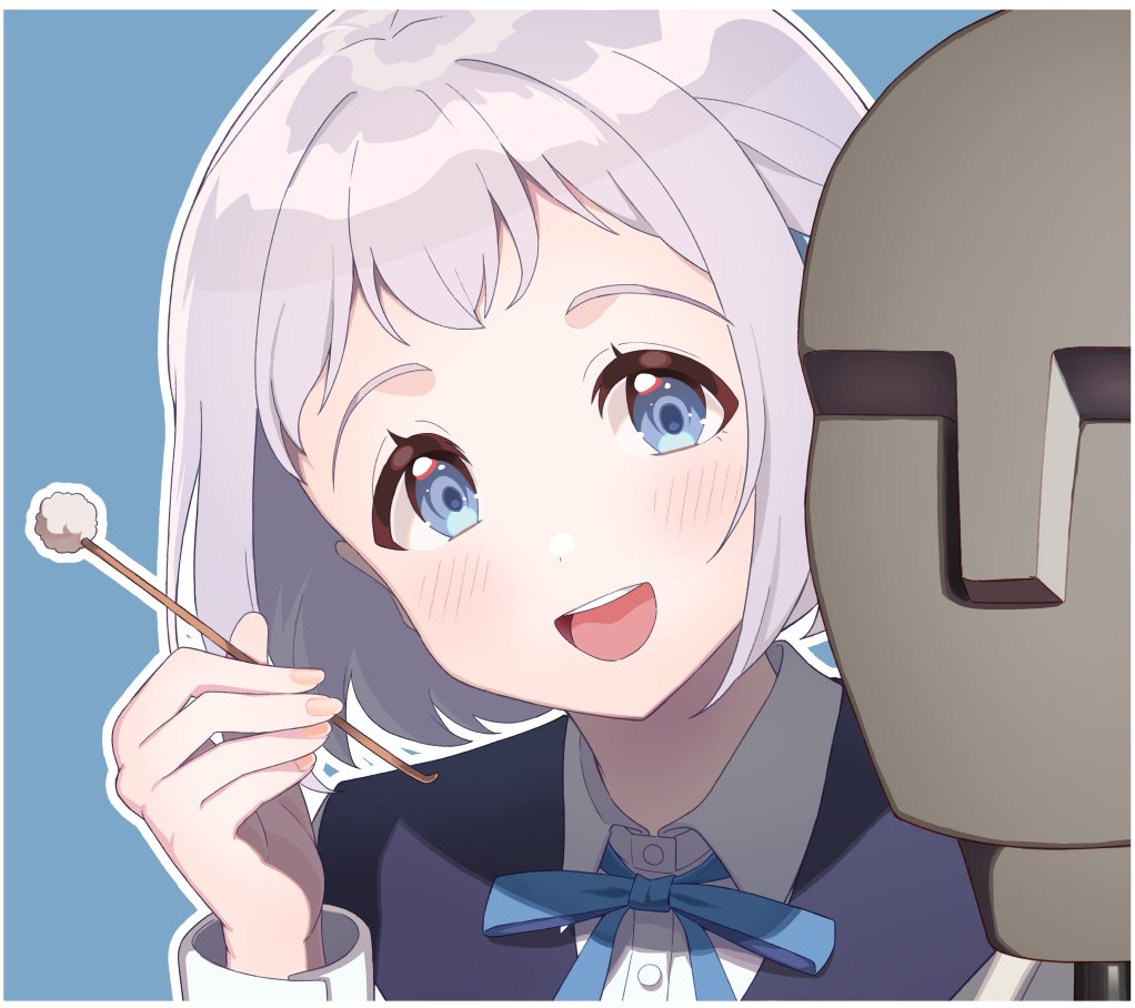 katsuragi lilja, gakuen idolmaster, idolmaster, commentary request, 1girl, asmr, blue background, blue eyes, blue ribbon, blush, border, collared shirt, dummy, grey hair, hatsuboshi gakuen school uniform, holding, kuma (gaph5274), looking at viewer, mimikaki, moai, neck ribbon, open mouth, ribbon, school uniform, shirt, short hair, simple background, smile, solo, teeth, upper teeth only, white border, white shirt
