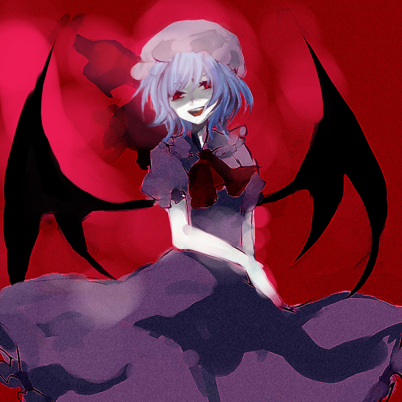 minase (mmakina), remilia scarlet, touhou, silver hair, 1girl, :d, ascot, bat wings, cowboy shot, dress, female focus, hat, looking at viewer, mob cap, open mouth, puffy short sleeves, puffy sleeves, purple dress, red eyes, shaded face, short sleeves, smile, solo, wings
