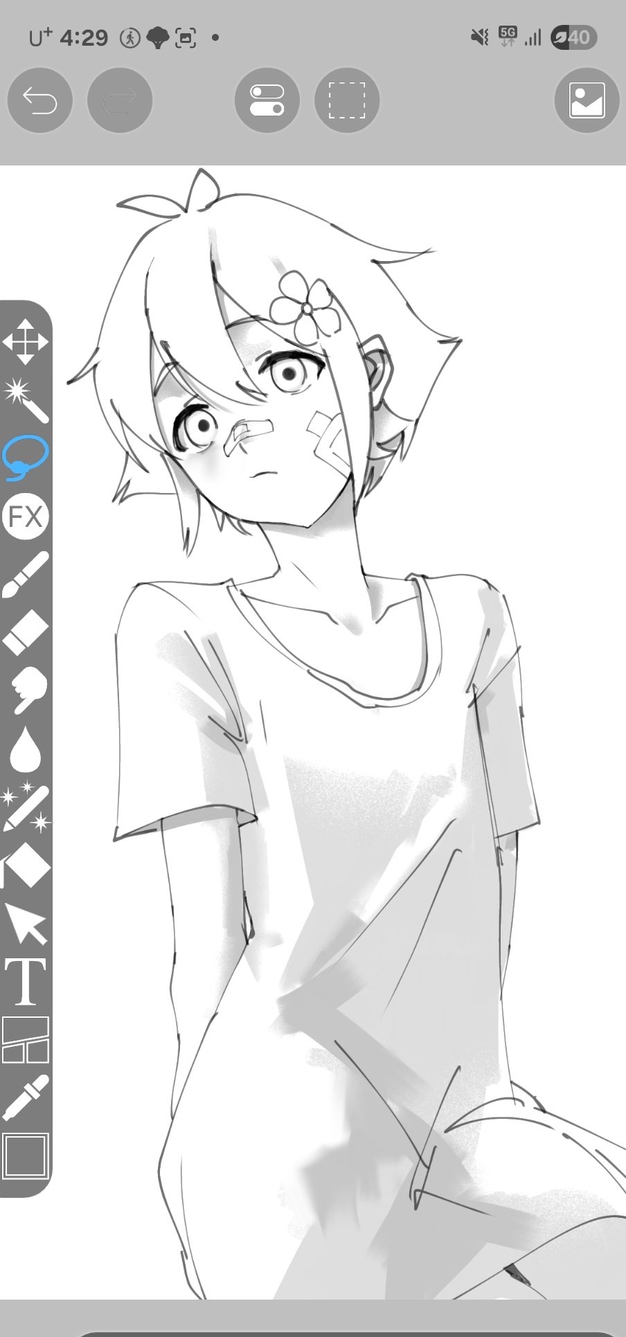 omore47858045, basil (faraway) (omori), basil (omori), omori, screencap, highres, 1boy, bandaid, bandaid on face, expressionless, flower, hair behind ear, hair flower, hair ornament, hospital gown, lineart, solo