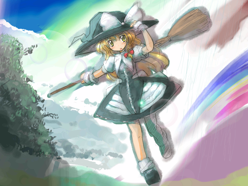 neki-t, kirisame marisa, touhou, 1girl, apron, black dress, blonde hair, bow, braid, dress, dutch angle, female focus, full body, hair bow, hat, looking at viewer, mary janes, mountain, outdoors, puffy short sleeves, puffy sleeves, red bow, shoes, short sleeves, single braid, solo, waist apron, witch hat