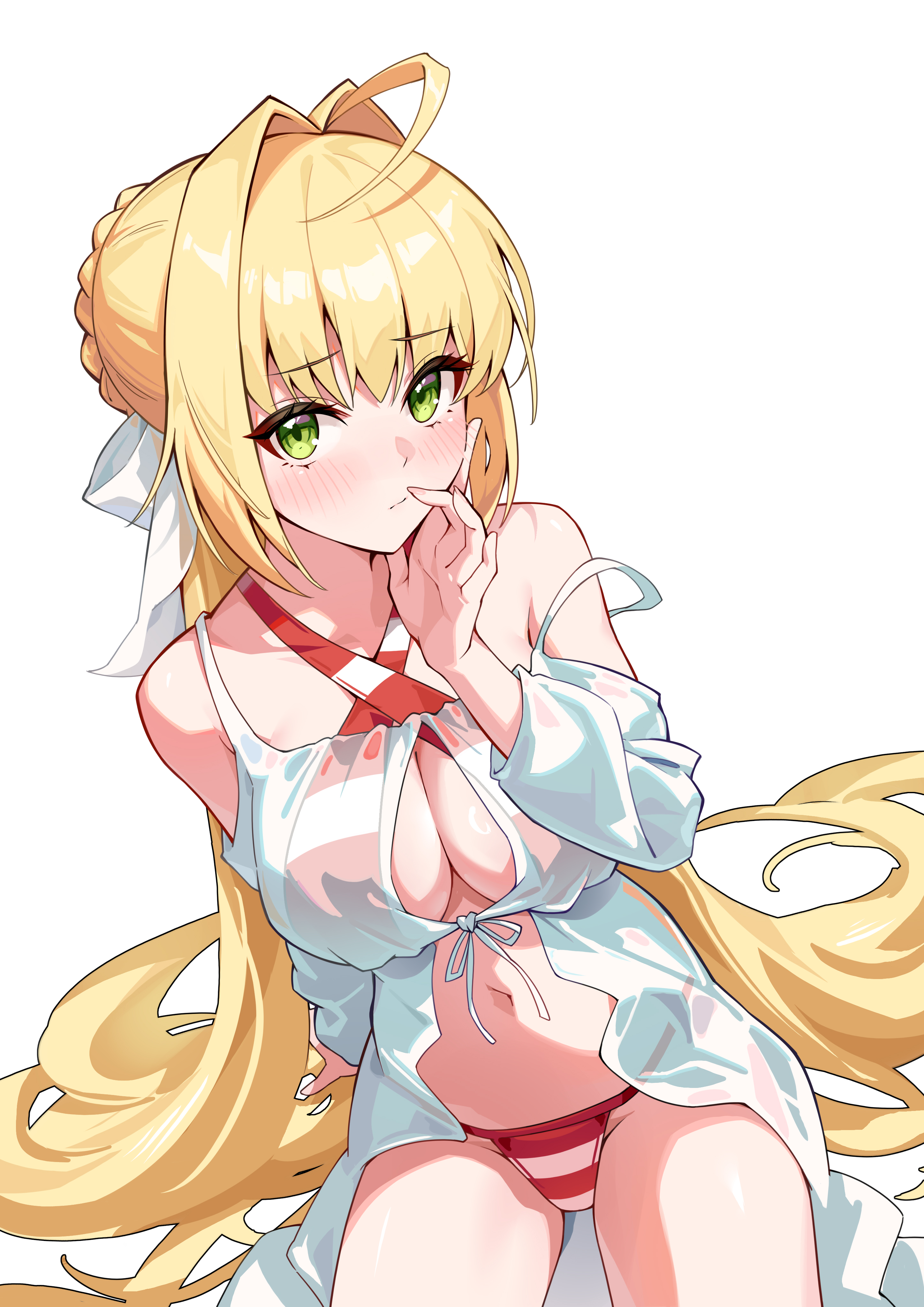 shenqi xiao hong zai nali, nero claudius (fate), nero claudius (swimsuit caster) (fate), nero claudius (swimsuit caster) (third ascension) (fate), fate/grand order, fate (series), absurdres, highres, 1girl, ahoge, bare shoulders, bikini, blonde hair, breasts, green eyes, hair intakes, large breasts, long hair, looking at viewer, navel, simple background, solo, stomach, striped bikini, striped clothes, swimsuit, swimsuit cover-up, thighs, very long hair, white background