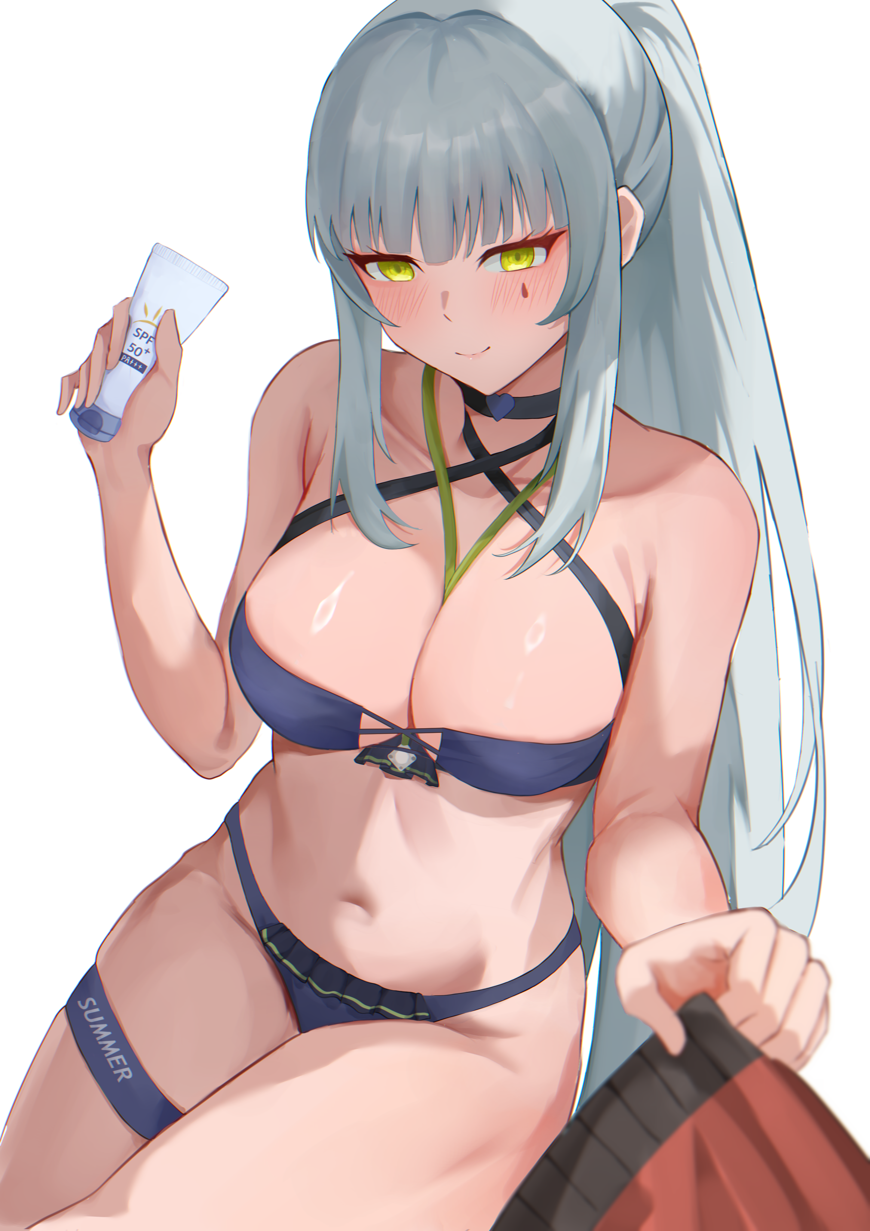 fiftya, commander (girls' frontline), hk416 (girls' frontline), klukai (cerulean breaker) (girls' frontline 2), klukai (girls' frontline 2), girls' frontline, girls' frontline 2: exilium, absurdres, highres, 1boy, 1girl, between breasts, bikini, black bikini, breasts, cleavage, closed mouth, clothes tug, criss-cross halter, green eyes, grey hair, halterneck, holding sunscreen, jacket tug, large breasts, long hair, looking at viewer, lotion bottle, navel, official alternate costume, ponytail, smile, solo focus, swimsuit, teardrop facial mark, thigh strap, very long hair, white background