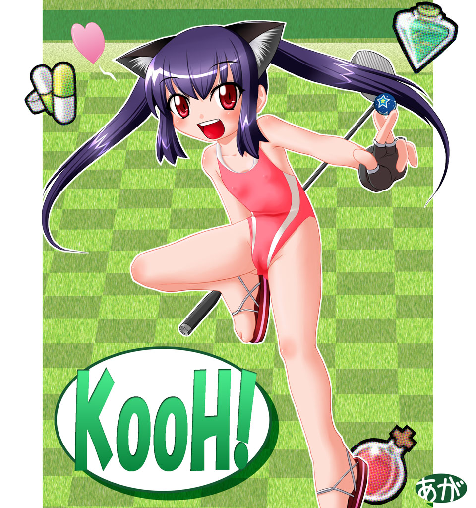 agaa (masatu), kooh (pangya), pangya, animal ears, ball, cameltoe, cat ears, competition swimsuit, flat chest, golf club, one-piece swimsuit, purple hair, red eyes, sandals, single vertical stripe, solo, swimsuit