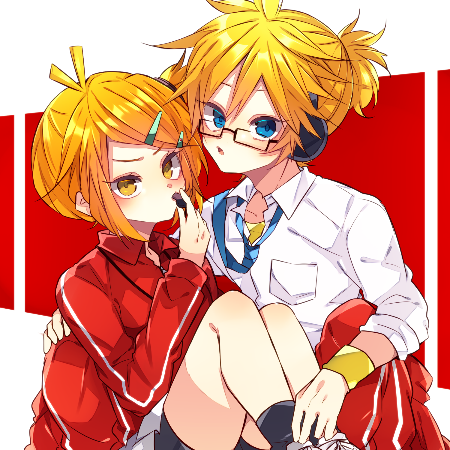 kaho 0102, kagamine len, kagamine rin, vocaloid, commentary request, highres, 1boy, 1girl, :o, bespectacled, black shorts, black socks, blonde hair, blue eyes, brother and sister, collared shirt, double-parted bangs, glasses, jacket, long sleeves, looking at viewer, open mouth, parted bangs, red background, red jacket, shirt, shoes, short hair, shorts, siblings, socks, track jacket, twins, white shirt, white shoes, yellow eyes