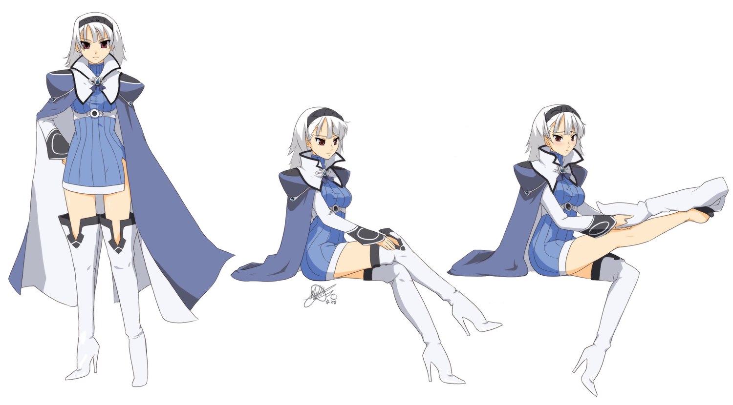 eiffelart, blanc neige, shining (series), shining tears, blush, boots, cape, hairband, high heels, shoes, thigh boots, thighhighs, undressing, white hair
