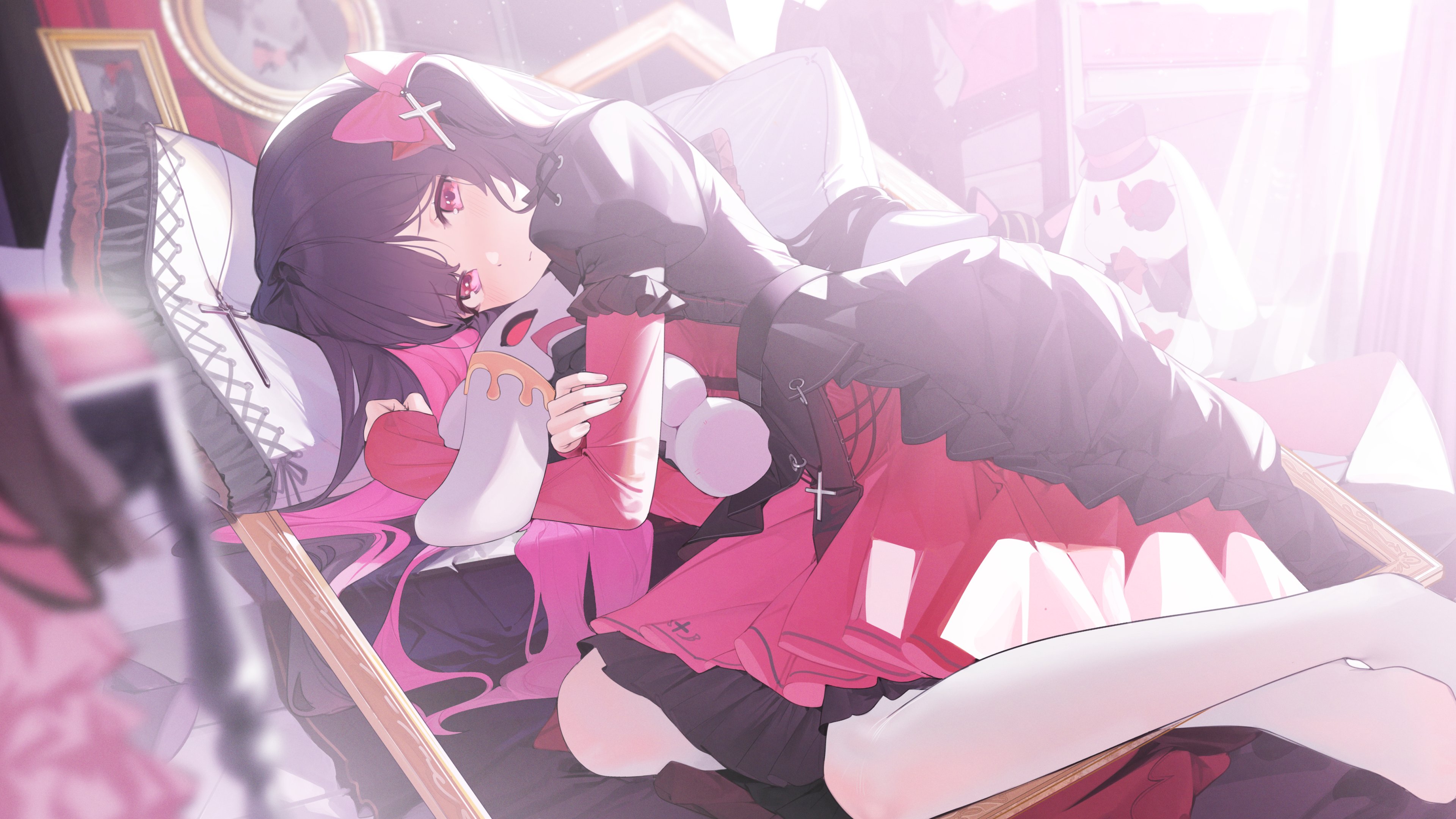 hiiragi mikoto, original, absurdres, commentary request, commission, highres, skeb commission, 1girl, black dress, black hair, bow, closed mouth, cross hair ornament, dress, frilled dress, frills, hair bow, hair ornament, indoors, long hair, looking at viewer, lying, on side, purple bow, purple eyes, solo, stuffed toy, thighs, two side up