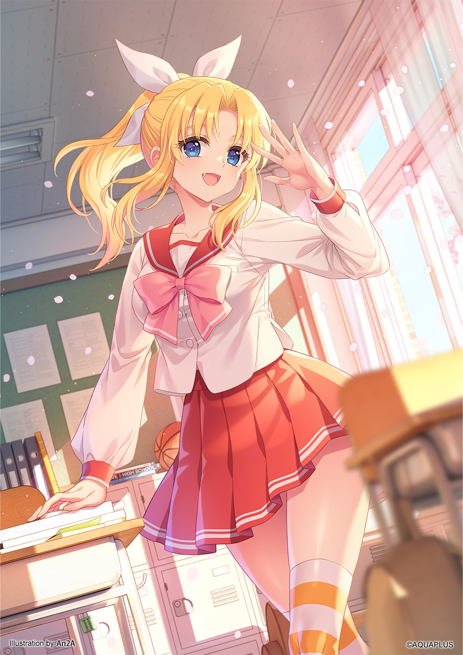 an2a, miyauchi lemmy, aquaplus, to heart, to heart (series), commentary request, highres, official art, second-party source, artist name, bag, basketball, binder, blonde hair, blouse, blue eyes, blue sky, blurry, blurry foreground, book, bow, breast pocket, breasts, brown bag, bulletin board, buttons, ceiling, ceiling light, chair, cherry blossoms, collarbone, collared shirt, company name, contrast collar, copyright notice, covered knees, day, depth of field, desk, dutch angle, english text, eyelashes, fang, floating hair, guest art, hair intakes, hair ribbon, hand on book, horizontal-striped clothes, horizontal-striped thighhighs, indoors, locker, long hair, long sleeves, medium breasts, miniskirt, open mouth, orange thighhighs, paper, petals, pink bow, pleated skirt, pocket, ponytail, red sailor collar, red skirt, red sleeve cuffs, ribbon, sailor collar, school chair, school desk, school uniform, serafuku, shirt, side slit, sidelighting, sidelocks, skirt, sky, sleeve cuffs, striped clothes, striped thighhighs, sunlight, textbook, thighhighs, tongue, two-tone thighhighs, white ribbon, white shirt, white sleeves, white thighhighs, window