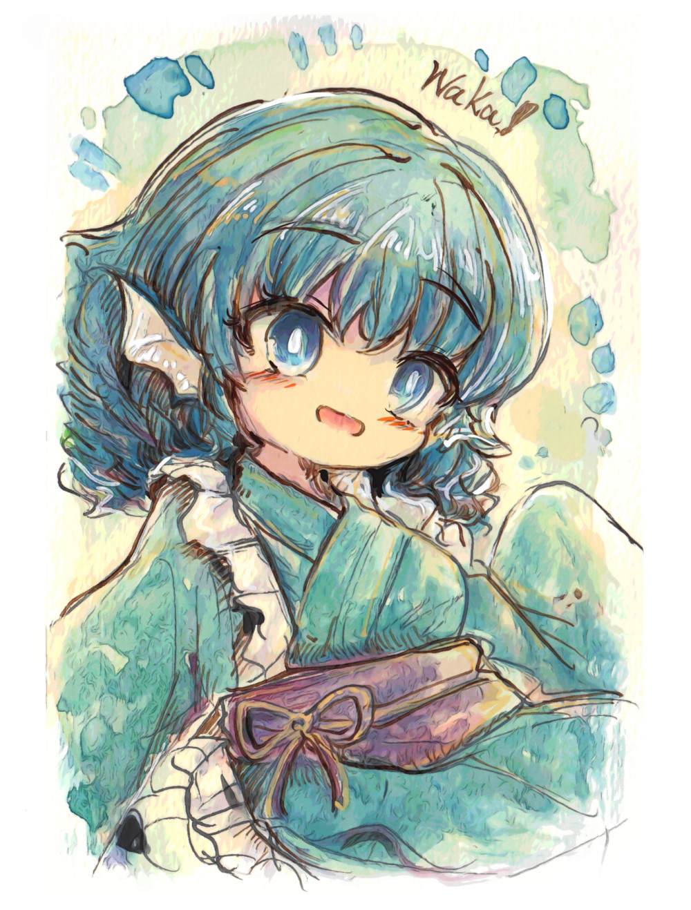 kouba, wakasagihime, touhou, commentary request, highres, 1girl, :d, blue eyes, fins, green hair, green kimono, head fins, japanese clothes, kimono, long sleeves, obi, open mouth, purple sash, sash, smile, solo