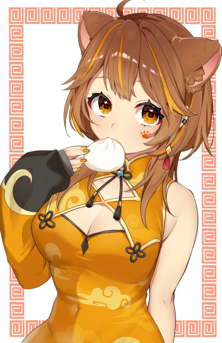 sawamaru 0528, shishigami leona, re:act, 1girl, ahoge, animal ear fluff, animal ears, breasts, brown hair, china dress, chinese clothes, cleavage, cleavage cutout, clothing cutout, covered navel, dress, dumpling, earrings, eating, facial mark, food, jewelry, large breasts, lion ears, long hair, looking at viewer, multicolored hair, orange eyes, orange hair, orange nails, single sleeve past wrist, solo, streaked hair, virtual youtuber
