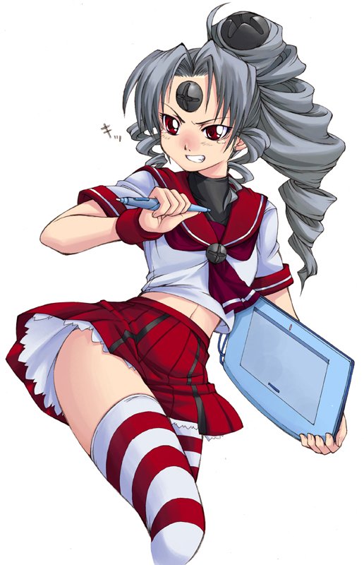 ayamo kaoru, lustercloud, vista-tan, vistake, os-tan, silver hair, blush, drawing tablet, drill hair, long hair, midriff, red eyes, school uniform, serafuku, simple background, skirt, solo, striped clothes, striped thighhighs, tears, thighhighs, white background, wristband, zettai ryouiki
