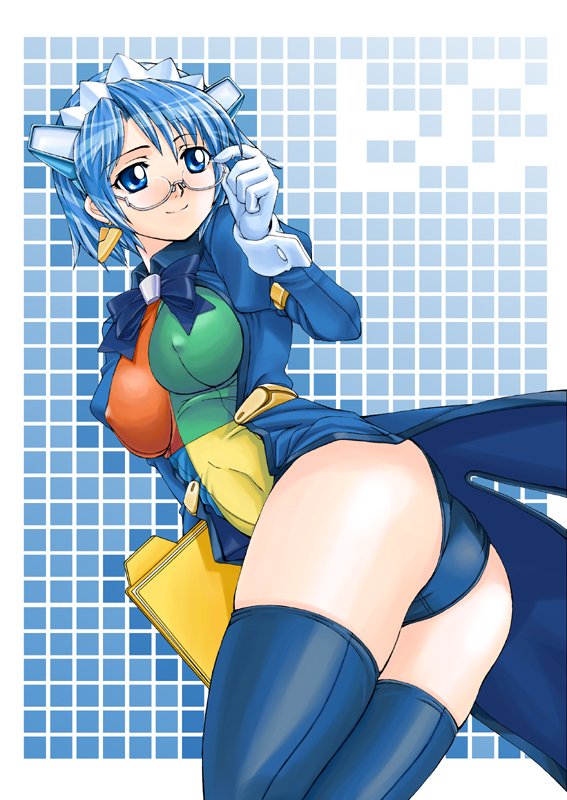 ayamo kaoru, lustercloud, 2k-tan, os-tan, 1girl, adjusting eyewear, ass, blue eyes, blue hair, blue panties, blue thighhighs, breasts, covered erect nipples, female focus, folder, glasses, gloves, large breasts, matching hair/eyes, panties, short hair, smile, solo, swimsuit, thighhighs, underwear, white gloves, wrist cuffs
