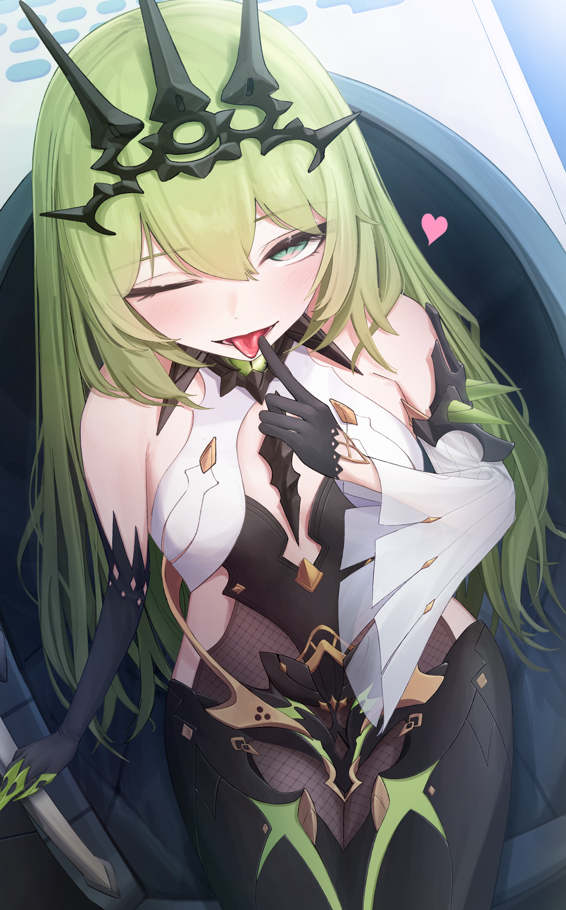dokon, mobius (honkai impact), honkai (series), honkai impact 3rd, absurdres, commentary request, highres, 1girl, ;p, asymmetrical gloves, bare shoulders, black dress, black gloves, black tiara, breasts, chair, dress, elbow gloves, gloves, heart, looking at viewer, on chair, one eye closed, revealing clothes, slit pupils, small breasts, solo, tiara, tongue, tongue out, uneven gloves
