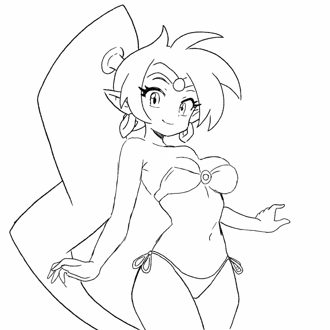 soy-chan, shantae, shantae (series), wayforward, animated, animated gif, 1girl, bikini, bouncing breasts, breasts, cleavage, collarbone, dancing, earrings, hoop earrings, jewelry, long hair, looking at viewer, medium breasts, monochrome, navel, o-ring, o-ring bikini, pointy ears, ponytail, side-tie bikini bottom, smile, standing, swimsuit, tiara