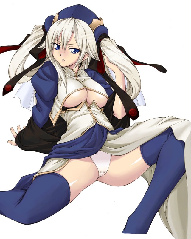 ayamo kaoru, lustercloud, genshi (sangokushi taisen), sangokushi taisen, 1girl, adjusting hair, arm support, blue eyes, blue thighhighs, breasts, chinese clothes, crop top, earrings, female focus, hair ornament, hat, headdress, jewelry, large breasts, long hair, looking at viewer, lying, no bra, panties, parted lips, reclining, ribbon, simple background, solo, spread legs, thighhighs, twintails, underboob, underwear, white background, white hair, white panties