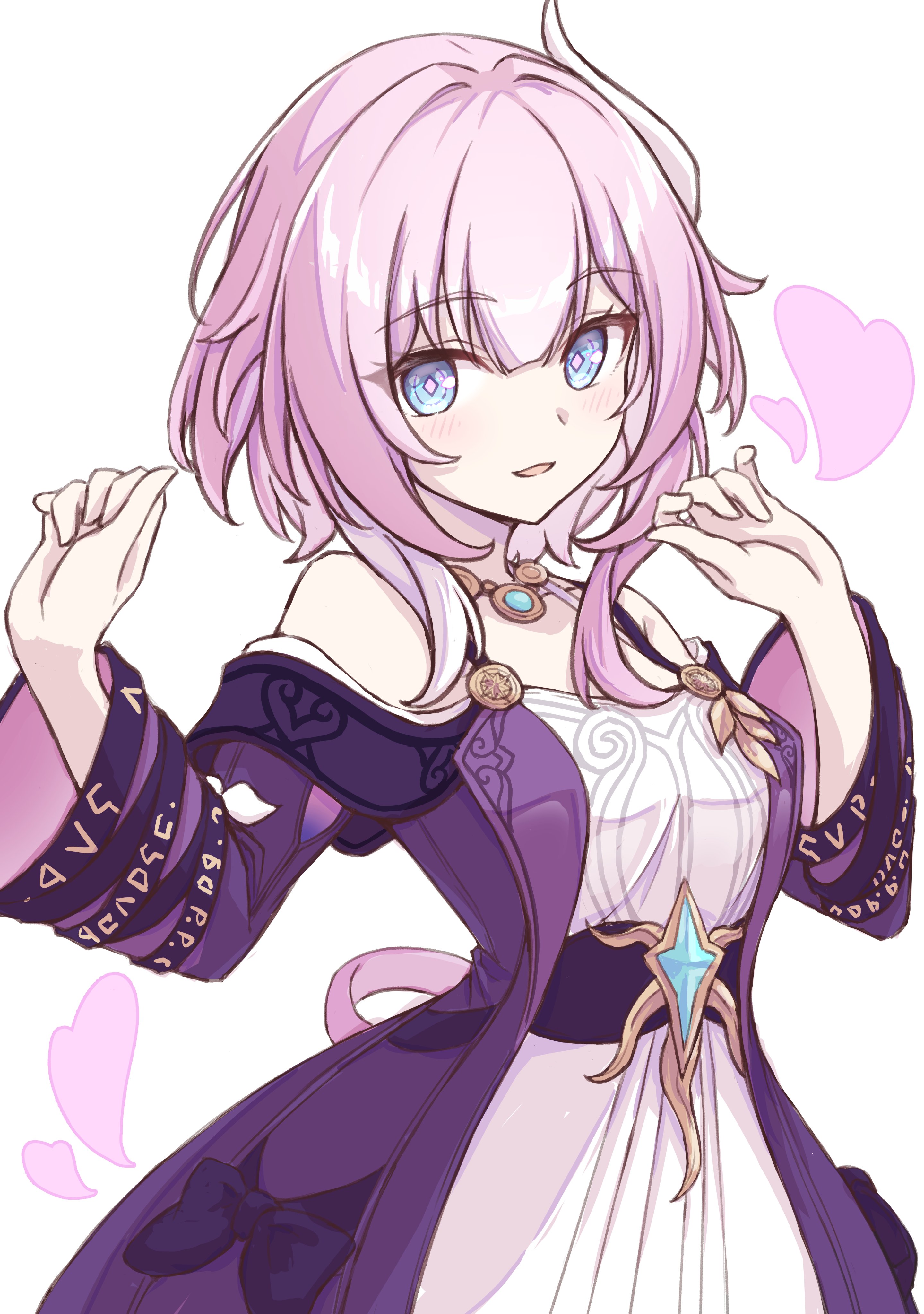 tomatology3, cyrene (honkai: star rail), honkai: star rail, honkai (series), absurdres, commentary request, highres, 1girl, bare shoulders, breasts, coat, cyrene (aedes elysiae) (honkai: star rail), dress, hair ornament, jewelry, looking at viewer, multicolored hair, necklace, parted lips, pink hair, purple coat, simple background, small breasts, smile, solo, two-tone hair, white background, white dress, white hair