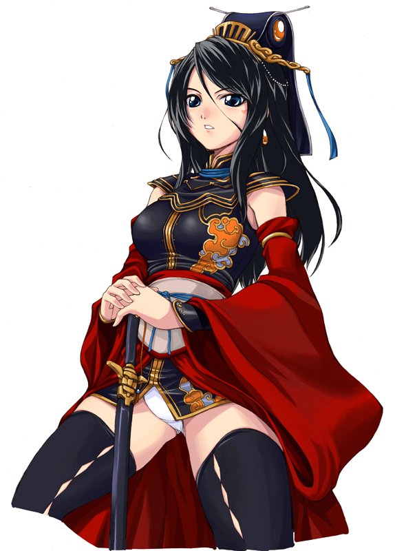 ayamo kaoru, lustercloud, 1girl, black hair, black thighhighs, blue eyes, detached sleeves, female focus, long hair, panties, pantyshot, parted lips, simple background, solo, sword, thighhighs, underwear, weapon, white background, white panties