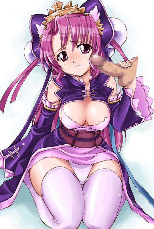 ayamo kaoru, lustercloud, 1girl, breasts, censored, cleavage, covered erect nipples, curvy, detached sleeves, handjob, hat, hip focus, large breasts, long hair, panties, pantyshot, penis, pink eyes, pink hair, seiza, sitting, skirt, solo, thighhighs, underwear, upskirt, white thighhighs, wide hips
