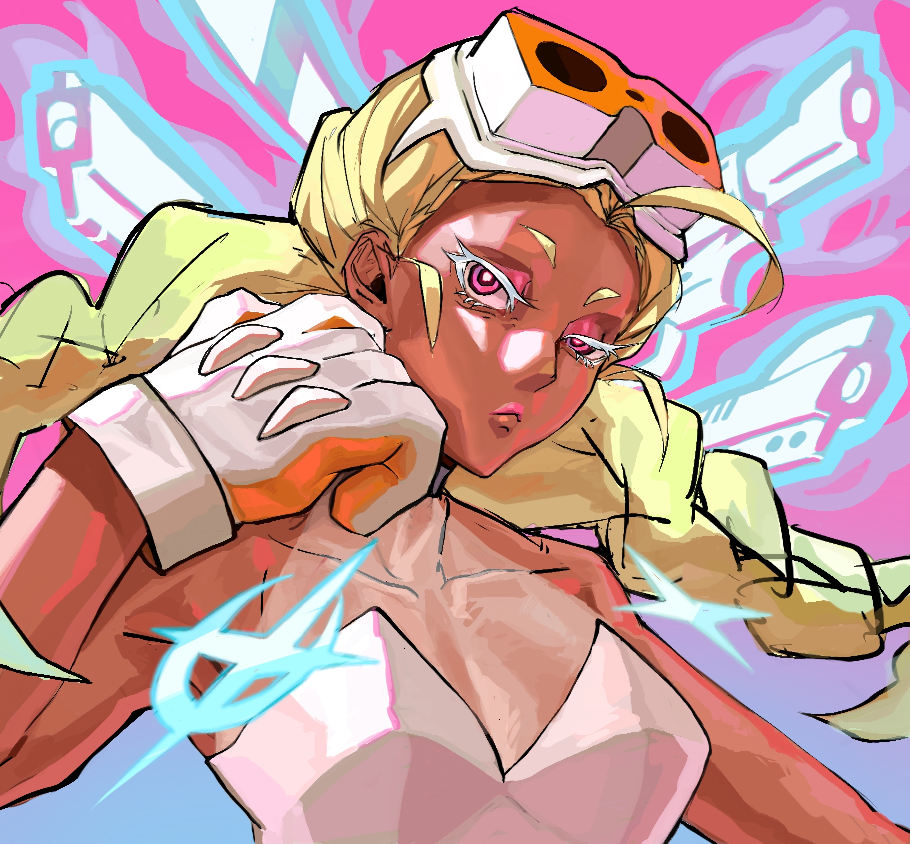 gunsmith bitch (psg), panty & stocking with garterbelt, highres, 1girl, breasts, dark skin, goggles, goggles on head, green hair, koufuye50324, long hair, looking at viewer, medium breasts, pink eyes, solo