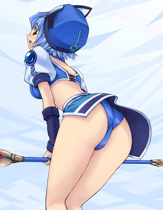 ayamo kaoru, lustercloud, fonewearl, phantasy star, phantasy star online, 1girl, ass, back, blue hair, blue panties, blue theme, blush, crop top, detached sleeves, embarrassed, female focus, from behind, hat, leaning forward, midriff, open mouth, panties, pantyshot, puffy sleeves, red eyes, short hair, skirt, solo, staff, underwear, upskirt